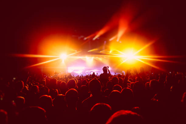 赤いライトのシーンステージ、ロックショーのパフォーマンス、人々のシルエット、コンサートフェスティバル中にダンスフロアの空気に発射されたカラフルな紙吹雪の爆発など、混雑した� - popular music concert crowd music festival spectator ストックフォトと画像