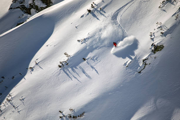 sciatore freeride che fa una pista in neve fresca e polverosa - bansko foto e immagini stock