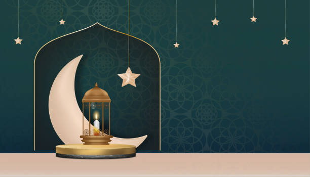 illustrazioni stock, clip art, cartoni animati e icone di tendenza di podio islamico con lanterna islamica tradizionale con luna crescente, stella appesa su sfondo verde, sfondo vettoriale della religione del simbolico musulmano, eid al fitr, ramadan kareem, eid al adha, eid mubarak - islamismo illustrazioni