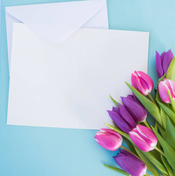 istock white card and envelope on blue ground with tulips with space for text 1388168547