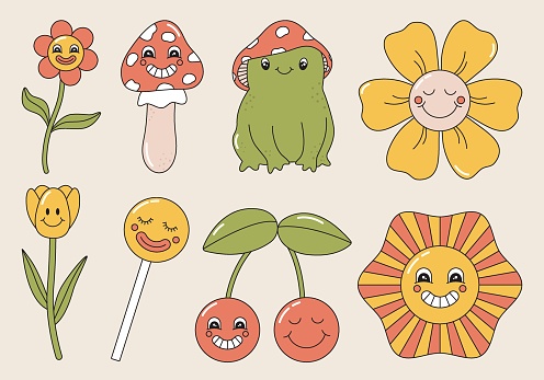 Vector set of cartoon characters with face expressions. Retro groovy graphic flowers, mushroom, frog, sun, lollipop. Vintage stickers. Cute colorful illustration