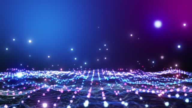 Glow red pink purple blue digital landscape with cube particle. Crypto currency, big data, block chain and digital technology concept. 3D Rendering.