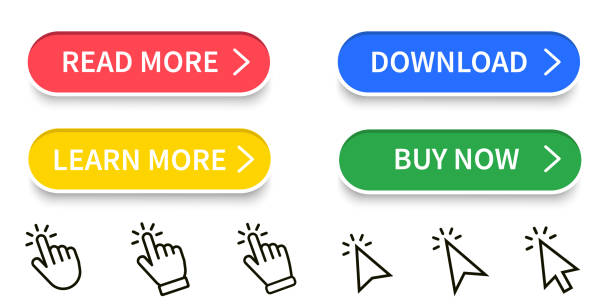 czytaj więcej, pobierz i kup teraz nowoczesne przyciski zestawu dla strony internetowej. zestaw wskaźnika dłoni i kliknięcia strzałką. wektor - buy push button interface icons computer mouse stock illustrations