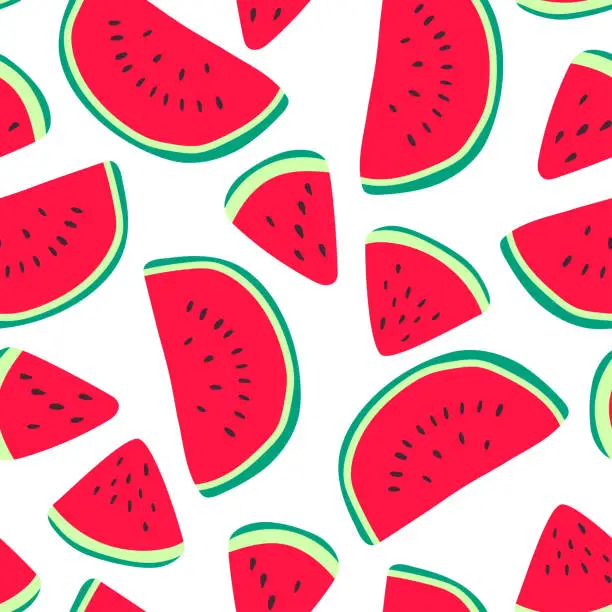 Vector illustration of Vector watermelons hand drawn seamless pattern. Cute summer fresh fruits print. Watermelon red slices with seeds repeat texture on white background for wallpaper, fabric design, decor, textile