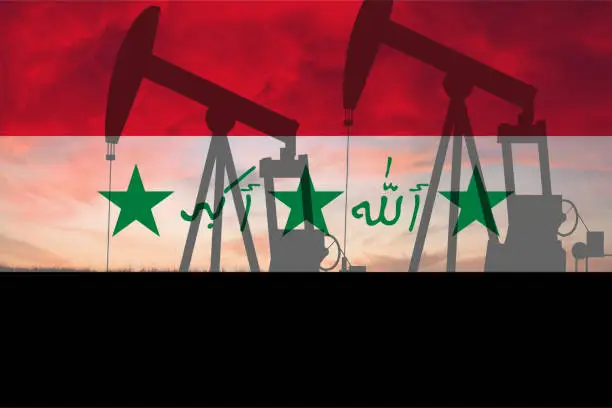 Iraq oil industry concept, industrial illustration. Iraq flag and oil wells, stock market, exchange economy and trade, oil production