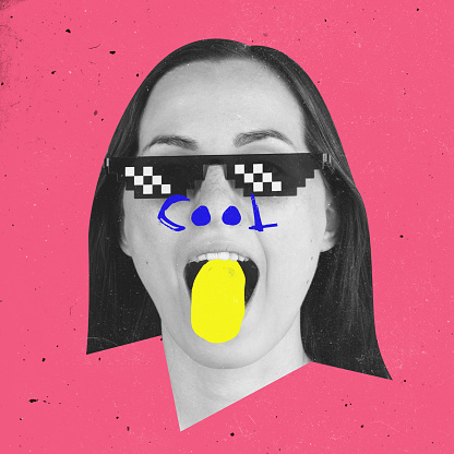 Contemporary art collage. Young woman in trendy pixel sunglasses with tongue sticking out isolated over pink background. Making faces. Concept of emotions, self-acceptance, fun