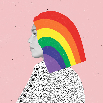 Contemporary art collage. Beautiful young girl with rainbow colored hair isolated over pink background. LGBTQIA suport. Human rights, freedom. Concept of love, relationship, equality. Conceptual image
