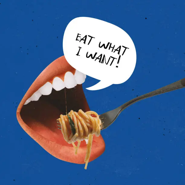Photo of Contemporary art collage. Giant female mouth eating delicious Italian pasta isolated over blue background