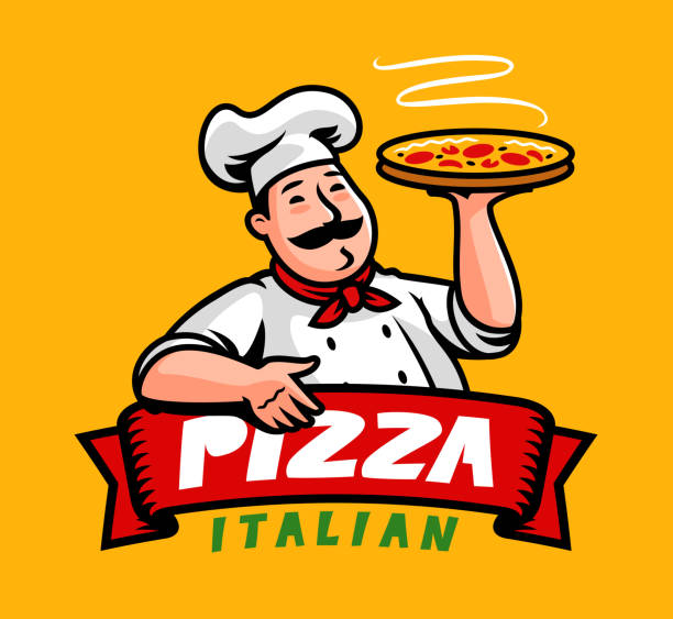 illustrations, cliparts, dessins animés et icônes de drôle de chef italien avec pizza. conception de l’emblème du dessin animé du restaurant - pizzeria