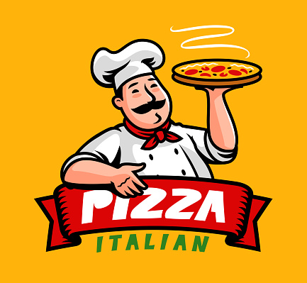 Funny italian chef with pizza. Restaurant cartoon emblem design