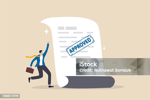 istock Document approved, business paperwork approval with rubber stamp and signature sign, request accept or legal certified document concept, happy businessman with document paperwork with approved stamp. 1388173119