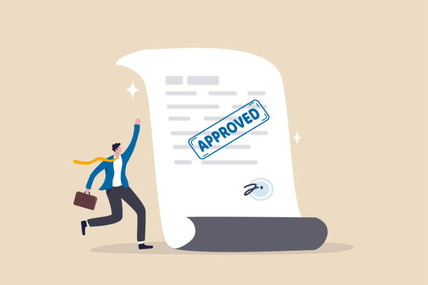 Document approved, business paperwork approval with rubber stamp and signature sign, request accept or legal certified document concept, happy businessman with document paperwork with approved stamp. vector art illustration