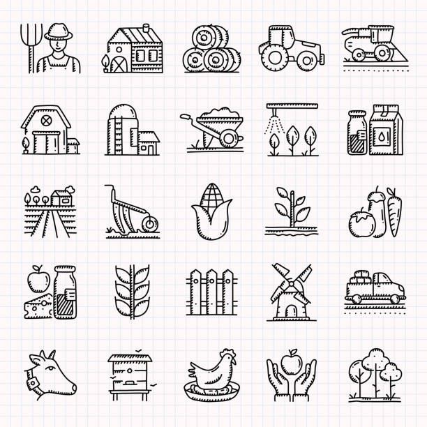 landwirtschaft und landwirtschaft handgezeichnete icons set, doodle style vector illustration - green crop tractor planting stock-grafiken, -clipart, -cartoons und -symbole