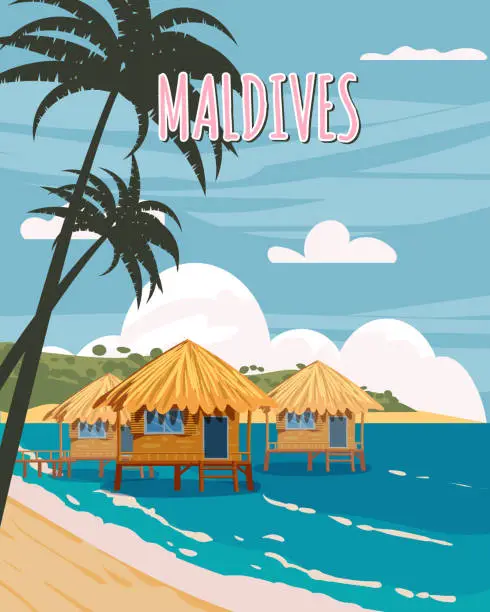 Vector illustration of Maldives tropical resort poster vintage. Beach coast traditional huts, palms, ocean. Retro style illustration vector