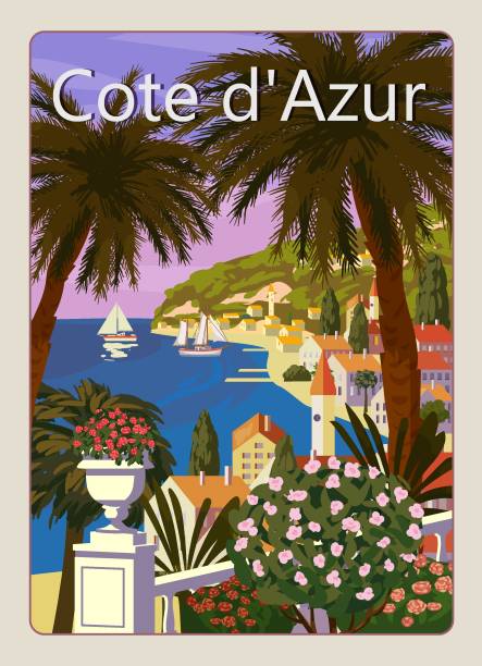 ilustrações, clipart, desenhos animados e ícones de pôster cote de l'azur francês riviera vintage. resort, costa, mar, praia. vetor de ilustração de estilo retrô - seascape