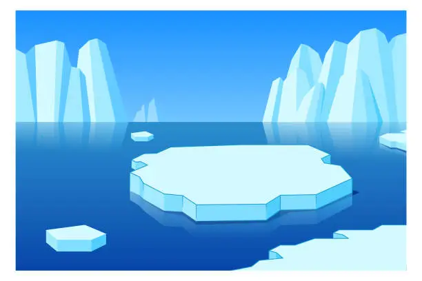 Vector illustration of Arctic landscape. Ice mountain and cold ocean cartoon background