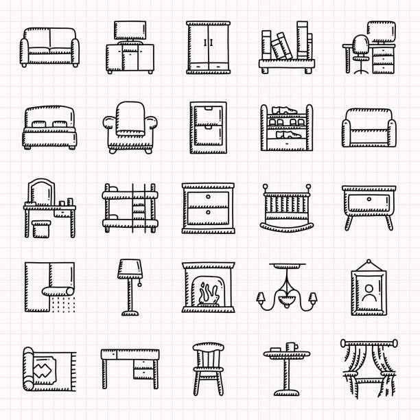 ilustraciones, imágenes clip art, dibujos animados e iconos de stock de conjunto de iconos dibujados a mano relacionados con muebles, ilustración vectorial de estilo garabato - side table illustrations