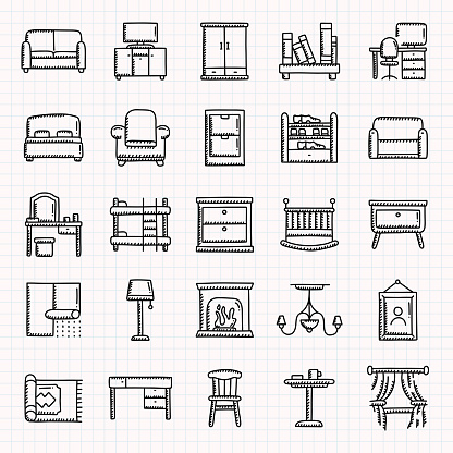 Furniture Related Hand Drawn Icons Set, Doodle Style Vector Illustration