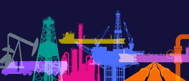 Oil or Gas Industry Production Colorful overlapping silhouettes of Oil or Gas Industry Images. Gas, Natural Gas, Gas industry, Pipeline, Oil refinery, oil field, Oil Platform, nodding Donkey, Oil Rig gauge pressure gauge pipe valve stock illustrations