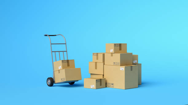 istock Stack of cardboard boxes with hand truck. Relocation, cargo delivery, logistics and distribution. Warehouse. Minimal composition. 3d illustration. 3d render. 1388175072