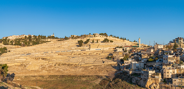 Mount of Olives, sunset. Jerusalem, Israel. Famous cementery. Panoramic view.