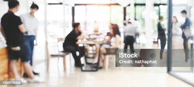 istock Abstract blurred interior modern work space with people working, banner background with copy space. 1388178158