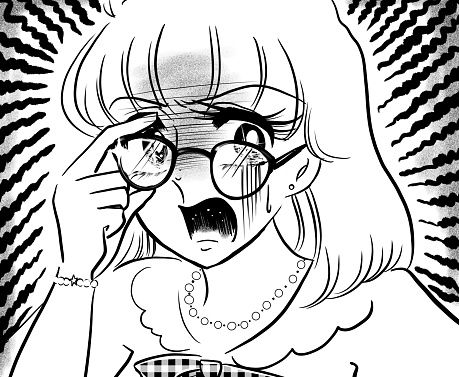 Illustration drawn in the style of a 70's shojo manga where a feminist woman wearing glasses gets angry with someone