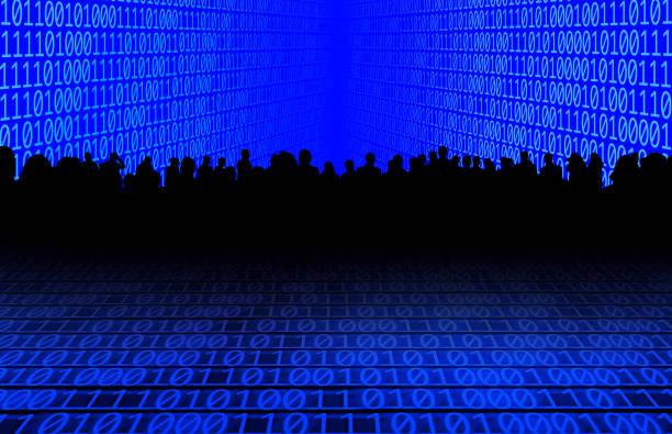 Silhouetted crowd of people and binary code