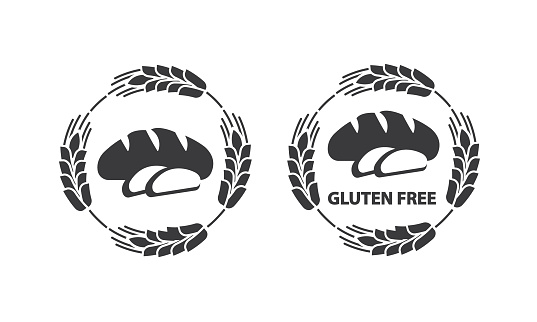 Bakery logo. Gluten free. Bread with two slices surrounded by wheat.