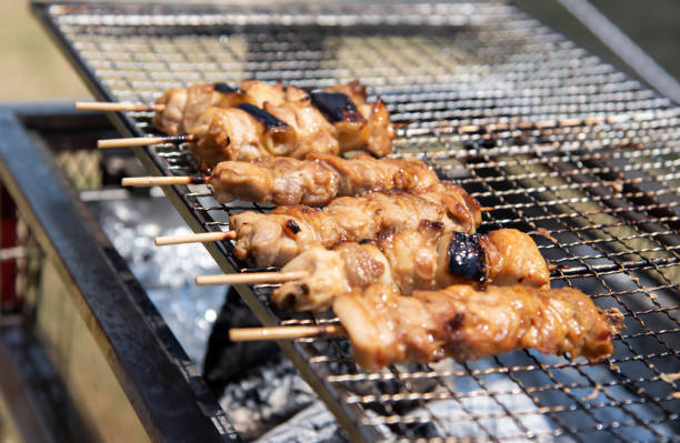 Yakitori is grilled on the barbecue