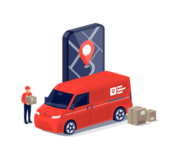 ilustrações de stock, clip art, desenhos animados e ícones de fast delivery van with tracking smartphone app and delivery man - truck moving van white backgrounds
