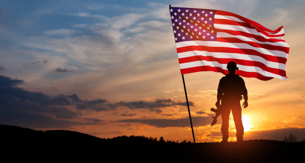 Greeting card for Veterans Day, Memorial Day, Independence Day. USA celebration. Greeting card for Veterans Day, Memorial Day, Independence Day. USA celebration. Concept - patriotism, protection, remember honor. patriotic man stock pictures, royalty-free photos & images