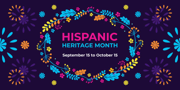 Hispanic heritage month. Vector web banner, poster, card for social media, networks. Greeting with national Hispanic heritage month text, floral pattern, on purple background. vector art illustration