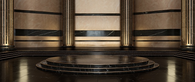 Golden And Black Marble Classic, Modern, Luxury Columns With Round Pedestal. Pillar Background.