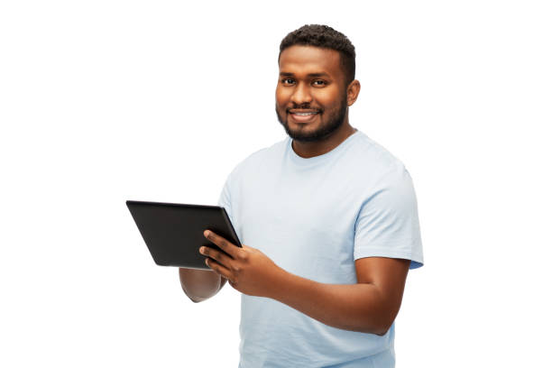 happy african american man with tablet computer stock photo