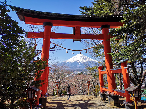 April 4, 2019 - Fujiyoshida, Japan: citizens visiting the Arakura Fuji Sengen Shrine near Chureito Pagoda during the spring. This shrine is an important historic landmark in Japan