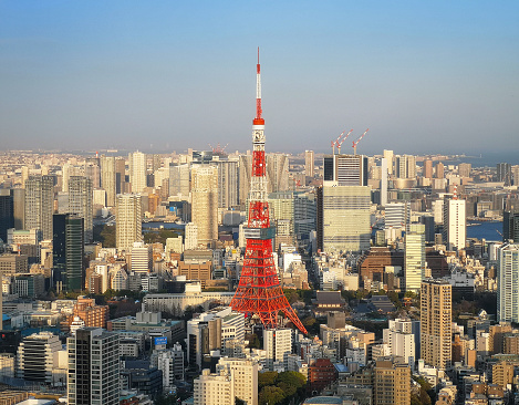 Elevated View of Tokyo Tower and modern skyscrapers.