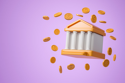 Bank house with floating coins on purple background with copy space. Concept of investment and saving money, accumulation. 3D rendering