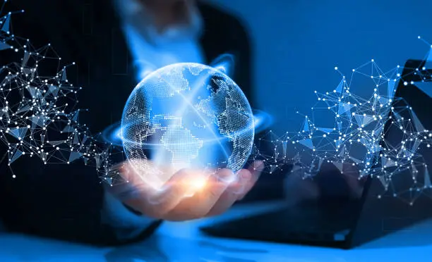 Global networking connection,science, innovation and communication technology.Next generation technology.Hand holding earth globe with data exchanges on connection technology
