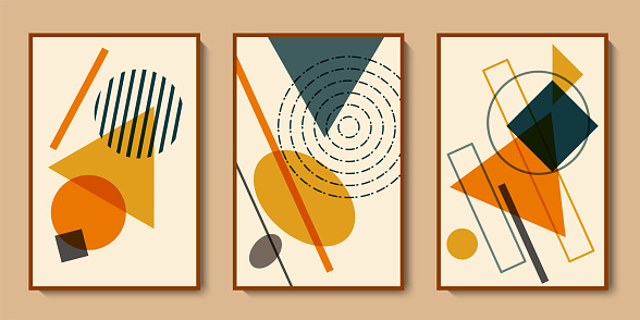 Abstract geometry wall art collection. Modern card set for art gallery flyers, invitations, posters design. Minimalist geometric shapes vector illustrations