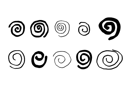 Hand drawn spiral swirl icon set. Geometric different direction motion elements in sketch doodle style. Vector illustration isolated on white background
