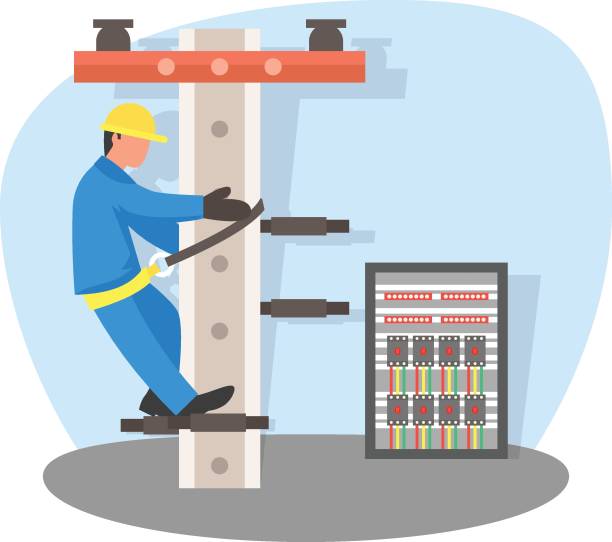 illustrazioni stock, clip art, cartoni animati e icone di tendenza di lineman climb on cement electric pole wearing helmet concept vector color icon design, electrician profession symbol, power supply and wiring sign, tuttofare e repairman tools stock illustration - switchgear electricity substation electricity power line