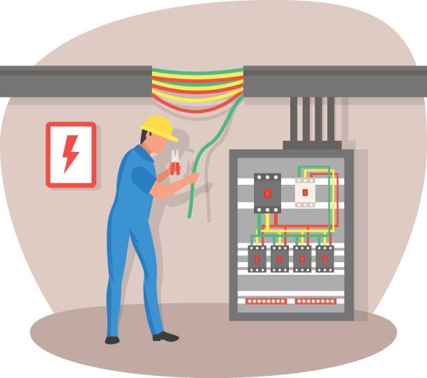 metallplattierte hochspannungsschaltanlage schaltschrank konzept stromverteilungspanel board vektorsymbol design, elektriker berufssymbol, stromversorgung und verkabelung zeichen, handwerker und reparateur werkzeuge stock - switchgear electricity substation electricity power line stock-grafiken, -clipart, -cartoons und -symbole