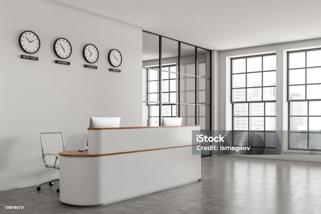 Computer. Below Reception Window Reception Interior Desk With Computer And Clocks Panoramic Window Stock ...