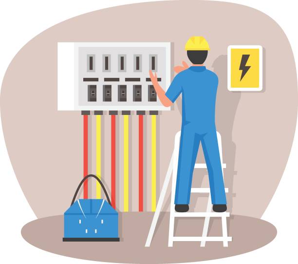 illustrazioni stock, clip art, cartoni animati e icone di tendenza di controllo ups indoor high voltage concept, la persona è sulla scala vettoriale colore colore icona design, elettricista professione simbolo, alimentazione e cablaggio segno, tuttofare e riparatore strumenti stock illustrazione - switchgear electricity substation electricity power line