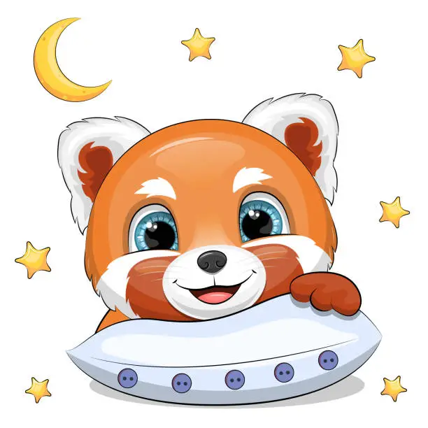 Vector illustration of Cute cartoon red panda with a pillow.