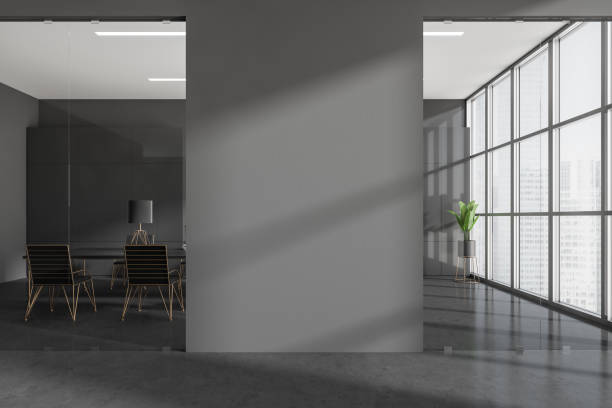 istock Black office room behind glass doors, panoramic windows and mockup 1388188274