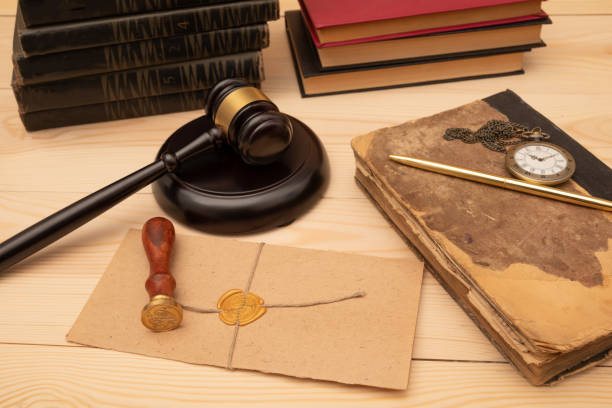 istock Vintage stamp, envelope and testament. Notary public tools 1388188573
