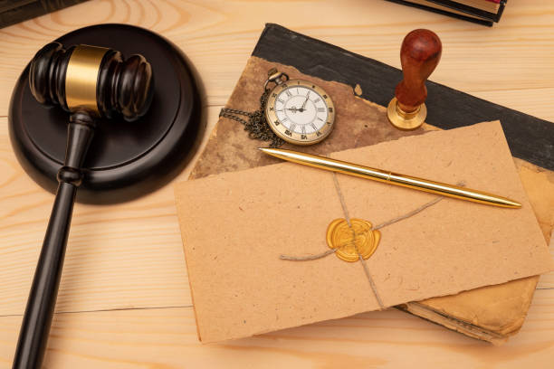 istock Vintage stamp, envelope and testament. Notary public tools 1388188657