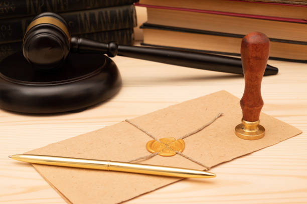 istock Vintage stamp, envelope and testament. Notary public tools 1388188677